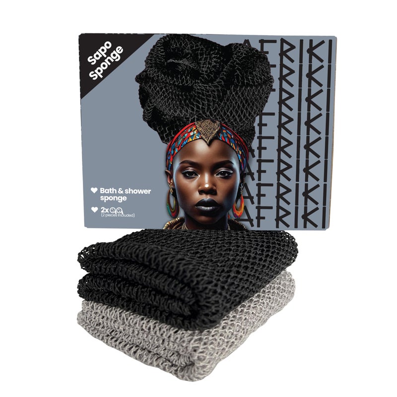 AFRIKI African Net Sponge  African Exfoliating Sponge  Black Owned  Exfoliating Washcloth  Body Exfoliator for Bath and Shower  Back Scrubber  Dead Skin Remover (Black  Grey  1 Count (Pack of 2)) - Image 1